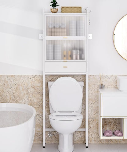 Over The Toilet Storage Shelf with Drawer, Above Bamboo Bathroom Organizer Cabinet with Anti-Tip and Waterproof Feet Pad Design, Freestanding Shelf for Bathroom (White)