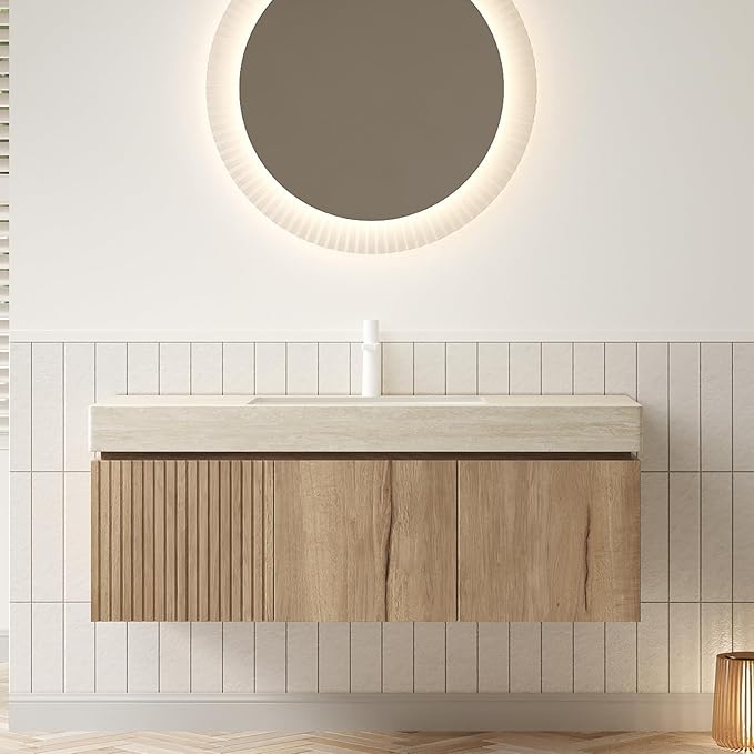 48 Inch Floating Bathroom Vanity with Sink, Wall-Mounted Bathroom Vanity with Drawer and 2 Doors, Roma Travertine-Pattern Countertop and Ceramic Basin, Pre-Assembled, White Oak
