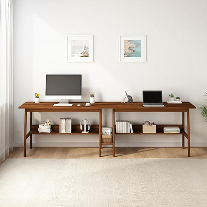 2-Person Writing Desk with Bookshelf - 94" Wooden Extra Long Home Office Work Table, Double Study Computer Workstation with Storage Shelves in Walnut, 94" W x 24" D
