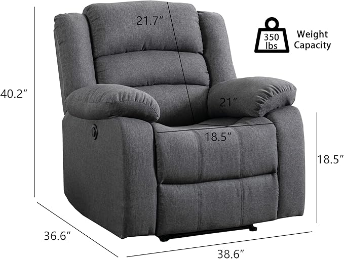 EBELLO Classic Power Recliner Chair, Oversized Electric Overstuffed Chair with Thicked Cushion and Back, Single Sofa with Comfortable Armchair, Gray, 2Pcs