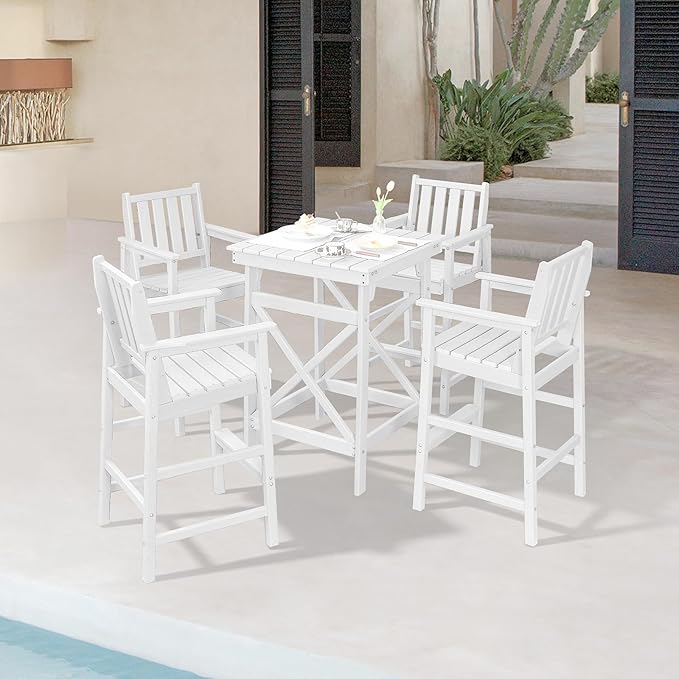 5 Pieces Adirondack Bar Chairs Set, HDPE Patio Bar Height Table and Chairs, Tall Adirondack Outdoor Bar Stools Set, HDPE Patio Bar Sets Furniture for Garden, Poolside, Bistro, Pearl