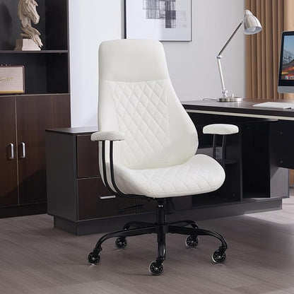 Home Office Desk Chair, Ergonomic High Back Leather Computer Chair with Lumbar Support, Adjustable Height & Recline, Swivel Executive Office Chair with Armrests and Rubber Casters, White