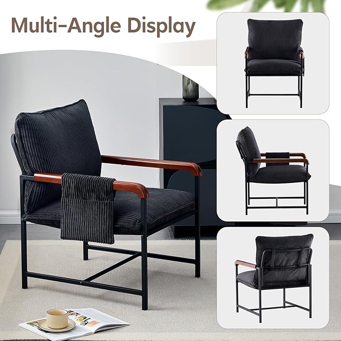 CLIPOP Accent Chair with Corduroy Fabric, Wood Armrests, Removable Cover, Side Pocket, Comfortable Armchair for Living Room & Bedroom, Durable Comfy Reading Chair for Home Office, Black