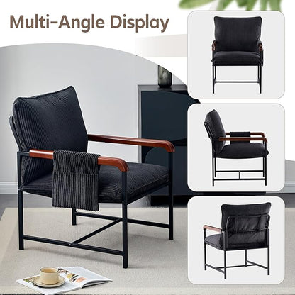 CLIPOP Accent Chair with Corduroy Fabric, Wood Armrests, Removable Cover, Side Pocket, Comfortable Armchair for Living Room & Bedroom, Durable Comfy Reading Chair for Home Office, Black
