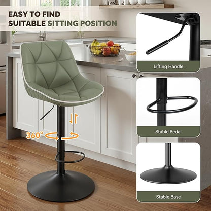 Nalupatio Bar Stools Set of 2, Adjustable Swivel Counter Height Bar Stools with Back, Armless Modern Barstools for Kitchen Island & Home Bar, Upholstered Seat,（Green）