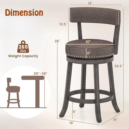 COSTWAY Bar Stools Set of 2, Upholstered Farmhouse Bar stools w/Cushioned Seat & Backrest, Solid Wood Legs, Footrest, 26” Counter Height Swivel Stools for Kitchen Island, Pub (2, 26'' Seat Height)