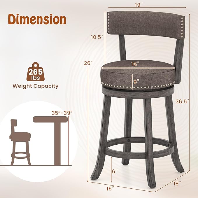 COSTWAY Bar Stools Set of 4, Upholstered Farmhouse Bar stools with Cushioned Seat & Backrest, Solid Wood Legs, Footrest, 26” Counter Height Swivel Stools for Kitchen Island, Pub (4, 26'' Seat Height)