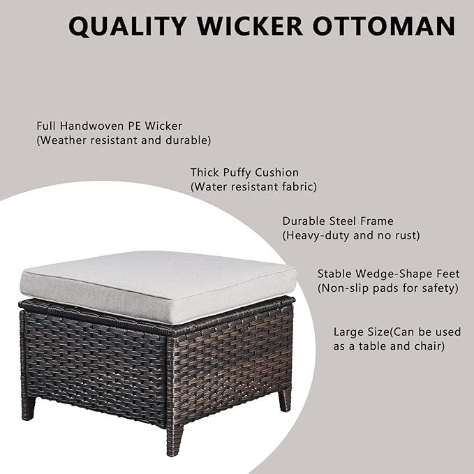 Rilyson Wicker Outdoor Patio Furniture Set - 5 Piece Patio Conversation Sets with Swivel Rocker Chairs, Ottomans and Side Table, 6 inch Cushions, Waterproof Wicker, for Porch Deck Brown/Beige
