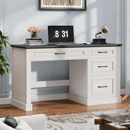 Vabches Farmhouse 47" Executive Desk, Computer Desk with Drawers and File Drawer, Workstation Computer Desk with Charging Station for Home Office, Study,（Black