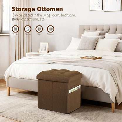 Storage Ottoman Cube, 61L Slim Tall Foldable Foot Rest with Thicker Foam Padded Seat. 350 lbs Small Linen Ottoman with Storage Bench Footstool for Living Room, Bedroom, Coffee Table. 17x13x17in, Brown