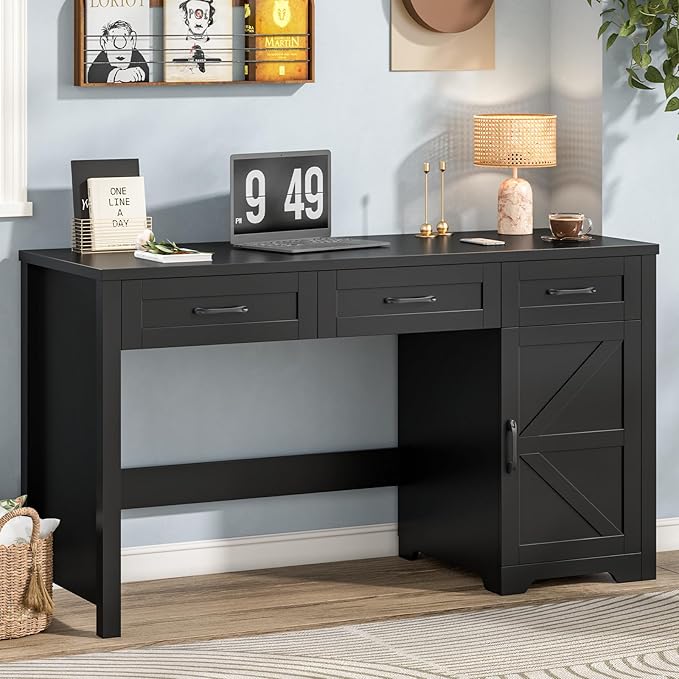 Vabches Farmhouse 59" Executive Desk,Computer Desk with 3 Drawers and Storage Cabinet,Home Office Desk for Work and Study. Pure Black