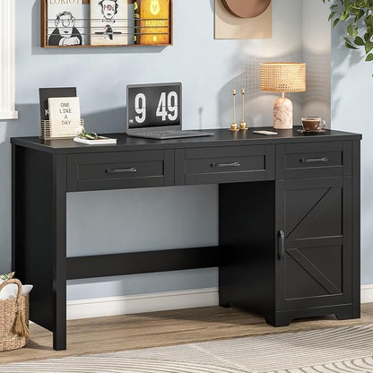 Vabches Farmhouse 59" Executive Desk,Computer Desk with 3 Drawers and Storage Cabinet,Home Office Desk for Work and Study. Pure Black