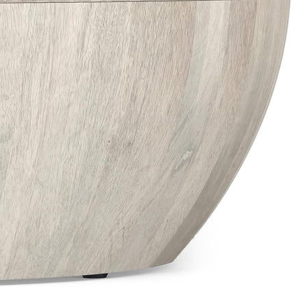 SIMPLIHOME Elmbrook Coffee Table - 34 inch Wide Solid Mango Wood Modern Industrial Round Drum Cocktail Table in White Wash, Sculptural Living Room Table with Low Profile Design, Assembled