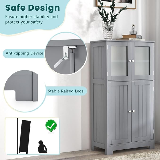 COSTWAY Bathroom Storage Cabinet, Wooden Linen Storage Organizer Cupboard with Doors & Adjustable Shelf, Freestanding Floor Cabinet for Living Room, Kitchen, Entryway, Office (Grey)