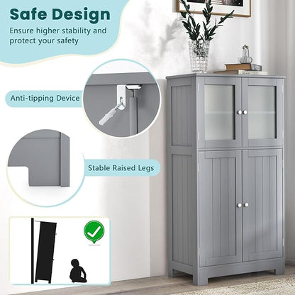 COSTWAY Bathroom Storage Cabinet, Wooden Linen Storage Organizer Cupboard with Doors & Adjustable Shelf, Freestanding Floor Cabinet for Living Room, Kitchen, Entryway, Office (Grey)
