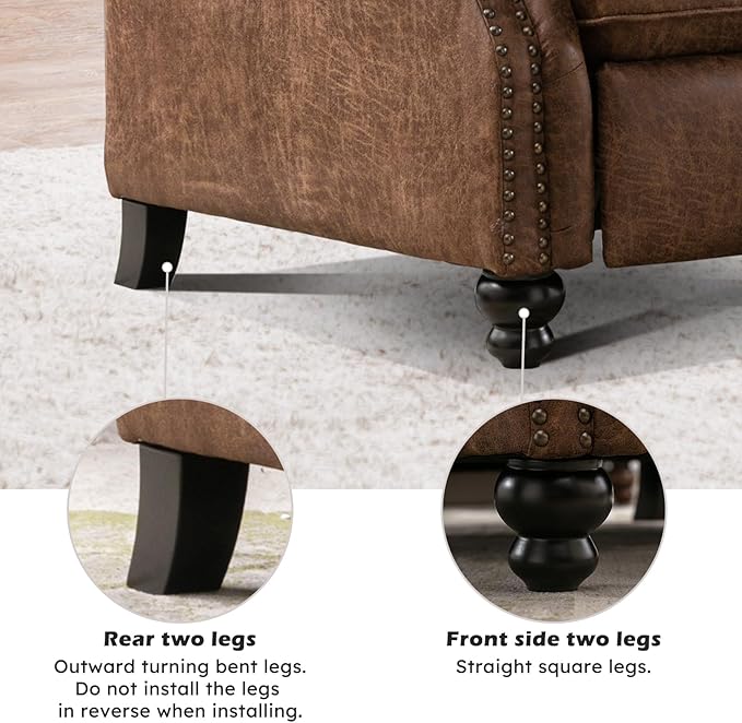 Push Back Recliner Chair Faux Leather Lounge Armchair with Rivet Decoration Wingback Single Sofa Chair with Padded Seat Solid Wood Legs for Living Room, Chocolate