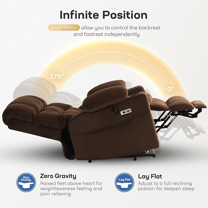 Tami Tami Dual Motor Power Lift Chair Recliner for Elderly with Massage and Heat, Infinite Position Electric Lift Recliner with Adjustable Headrest, USB (T6015 - Plush Fabric, Dark Brown, Medium)