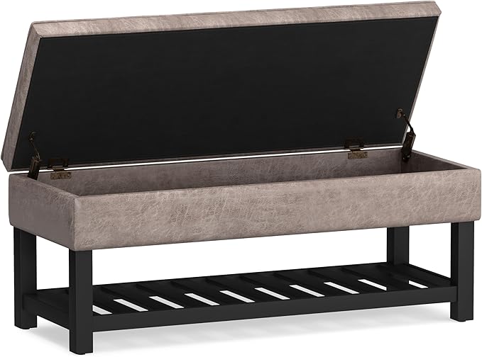 SIMPLIHOME Cosmopolitan 44 inch Wide Transitional Rectangle Storage Ottoman Bench with Open Bottom in Distressed Grey Taupe Vegan Faux Leather, Assembled for the Living Room and Bedroom