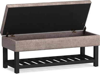 SIMPLIHOME Cosmopolitan 44 inch Wide Transitional Rectangle Storage Ottoman Bench with Open Bottom in Distressed Grey Taupe Vegan Faux Leather, Assembled for the Living Room and Bedroom