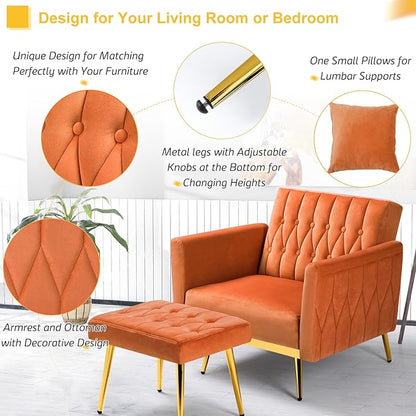 Velvet Accent Chair w/Adjustable Armrests and Backrest, Button Tufted Lounge Chair, Single Recliner Armchair with Ottoman and Pillow for Living Room, Bedroom,Orange