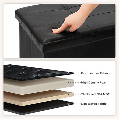PINPLUS Folding Storage Ottoman Bench, Black Faux Leather Long Chest with Tray, Footrest Seat, Blanket Storage for Living Room Bedroom Office Hallway, 43.3"x15"x15"