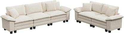 L-Shaped Cloud Modular Sofa Set with Chaise Lounge, 5-Piece Sectional & Deep Seat, Plush Corduroy w/Removable Arms for Living Room - Beige