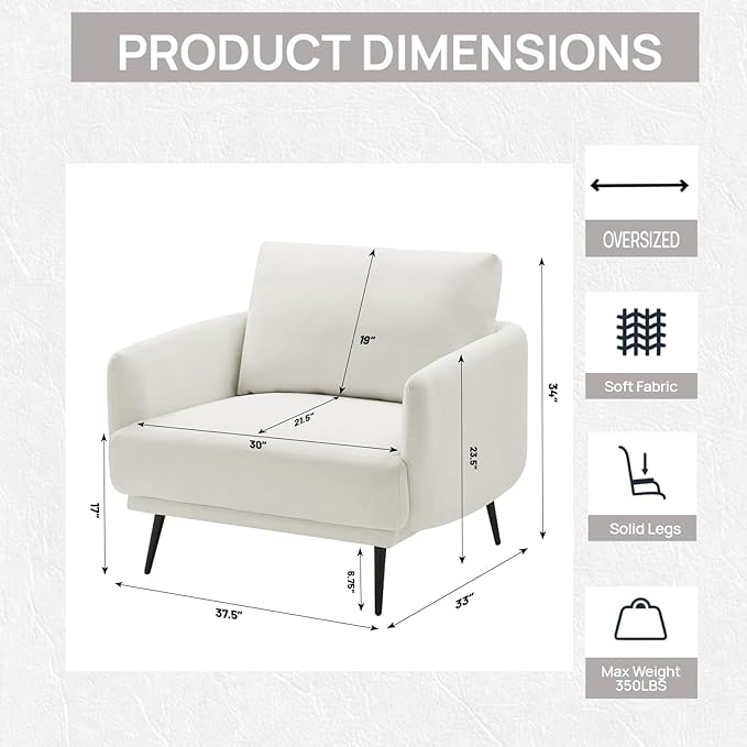 Mid-Century Accent Chair,Modern Oversized Armchair for Living Room,Comfy Upholstered Reading Accent Chairs for Bedroom,Single Sofa Chair (White-1PACK)