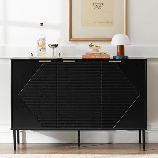 Sideboard Buffet Cabinet, Modern Storage Cabinets with Doors and Shelves, Wooden Fluted Cabinet for Living Room, Entryway, Kitchen(1, Embossed Black)