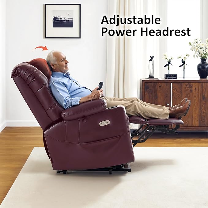 MCombo Large Triple Motor Power Lift Recliner Chair with Massage and Dual Heating, Adjustable Headrest for Tall Elderly People, Faux Leather 7634 (Wine, Large)