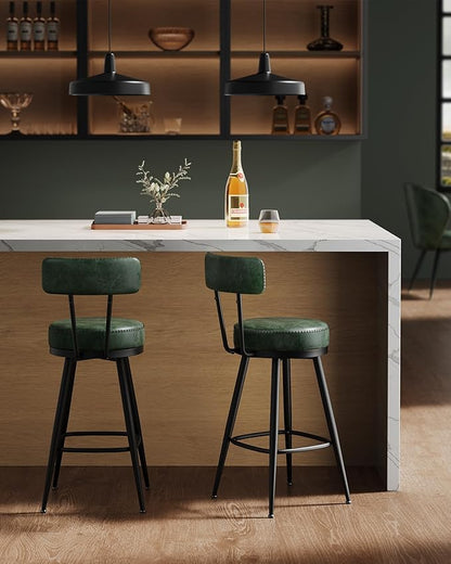 VASAGLE EKHO Collection - Bar Stools Set of 2, Swivel Counter Height Bar Stools with Back, Synthetic Leather with Stitching, Mid-Century Modern, 25.6-Inch Tall Barstools for Kitchen Bar, Forest Green