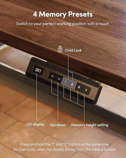 FEZIBO One-Piece Standing Desk Adjustable Height Stand up Home Office Desk, 55x24 Inch Electric Standing Computer Desk, with 4 Memory Presets, Headphone Hook, Black Walnut
