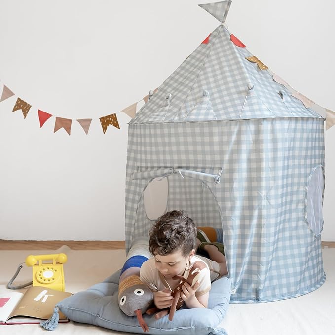 3 Sprouts Kids Play Tent - Sustainable Recycled Fabric – Fun Spacious Childs Playhouse for Indoor Games for Boys & Girls - Durable Fort Pop Up House for Toddlers & Children Age 3-10 - Gingham Blue