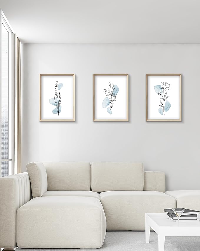 HesenDot Framed Blue Floral Canvas Wall Art,Minimalist Botanical Wall Art Decor,12x16IN Wood High Framed Prints,Boho Flowers Artworks Prints Posters for Living Room,Kitchen,Bedroom Set of 3