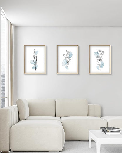 HesenDot Framed Blue Floral Canvas Wall Art,Minimalist Botanical Wall Art Decor,12x16IN Wood High Framed Prints,Boho Flowers Artworks Prints Posters for Living Room,Kitchen,Bedroom Set of 3