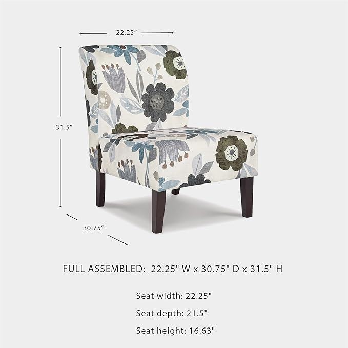 Signature Design by Ashley Triptis Floral Armless Accent Chair with Attached Cushions, Fabric Upholstery, Wood Legs, 16.63" Seat Height, White, Blue & Gray