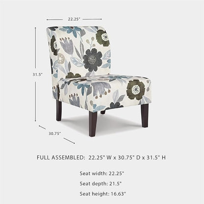Signature Design by Ashley Triptis Floral Armless Accent Chair with Attached Cushions, Fabric Upholstery, Wood Legs, 16.63" Seat Height, White, Blue & Gray