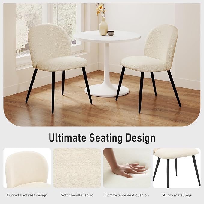 Upholstered Dining Chairs Set of 4, Modern Kitchen Side Chair with Padded Seat Comfortable Chenille Fabric Study Black Matel Legs,Desk Chair with Back for Dining Rooms, Beige