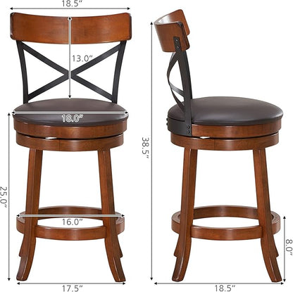COSTWAY Bar Stool Set of 2, 360-Degree Swivel Solid Wood Stools with Soft Cushion & Backrest, 25”Height Kitchen Counter Bar Stools for Kitchen Island, Pub, and Restaurant (2, 25 inch)