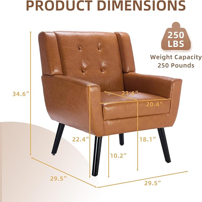 Dolonm Midcentury Modern Leather Accent Chair with Arms, Upholstered Reading Side Chair Tufted Back Decorative Wingback Chair for Living Room Bedroom (Light Brown-PU)