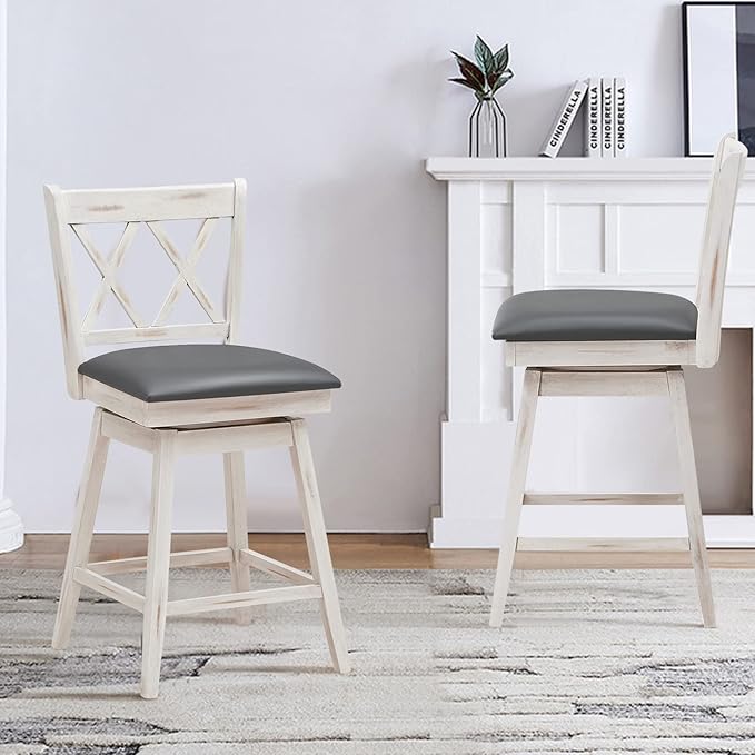 COSTWAY Bar Stool Set of 2, 360° Swivel Counter Height 25inch Bar Stool with Foot Rest Upholstered Cushion & Ergonomic Backrest, Sturdy Frame, for Pub, Kitchen Islands (2, Antique White + Grey)