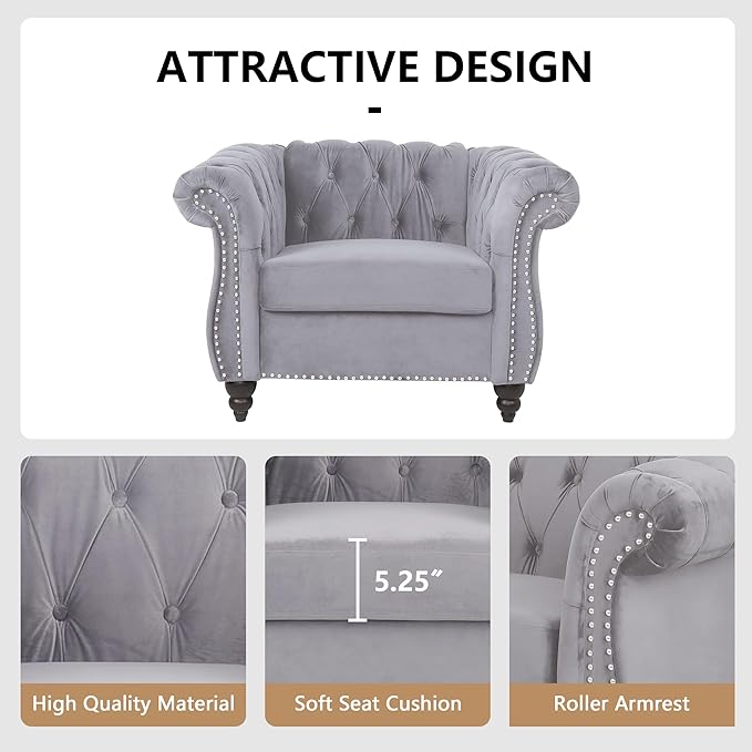 2 Piece Living Room Sofa Set, 3 Seater Velvet Sofa Couch and Chair Set, Mid Century Modern Upholstered Couch with Cushions, Comfy Tufted Chesterfield Couches for Living Room, Bedroom, Office