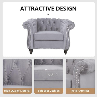 2 Piece Living Room Sofa Set, 3 Seater Velvet Sofa Couch and Chair Set, Mid Century Modern Upholstered Couch with Cushions, Comfy Tufted Chesterfield Couches for Living Room, Bedroom, Office