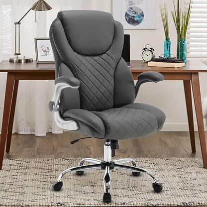 Executive Office Chair, Pu Leather High Back Ergonomic Office Desk Chairs with Wheels, 90-120° Rocking Managerial Chair Home Computer Chairs with Flip-up Armrests and Lumbar Support, Grey