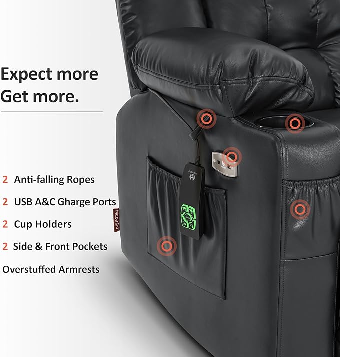 MCombo Dual Motor Small Power Lift Recliner Chair for Elderly, Lay Flat Lift Chair with Heat and Massage, Petite Lift Chair, Cup Holders, Faux Leather 7893 (Black, Small)