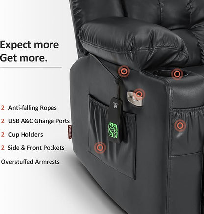 MCombo Dual Motor Small Power Lift Recliner Chair for Elderly, Lay Flat Lift Chair with Heat and Massage, Petite Lift Chair, Cup Holders, Faux Leather 7893 (Black, Small)