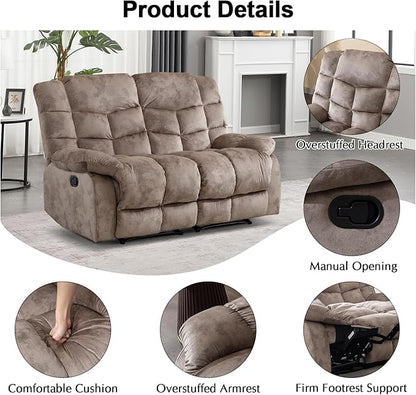 CANMOV Manual Loveseat Recliner, 2 Seat Recliner Sofa Chair with Armrest and Overstuffed Backrest, Couch Set for Living Room, Bedroom, Office, Light Brown