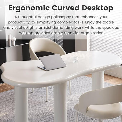 Modern Cream-White Office Desk with Beige Business Chair, Large Computer Table Set, Minimalist and Sturdy Workstation and Workstation, Ideal for Office, Home Office, and Gaming (Desk with Two Chairs)