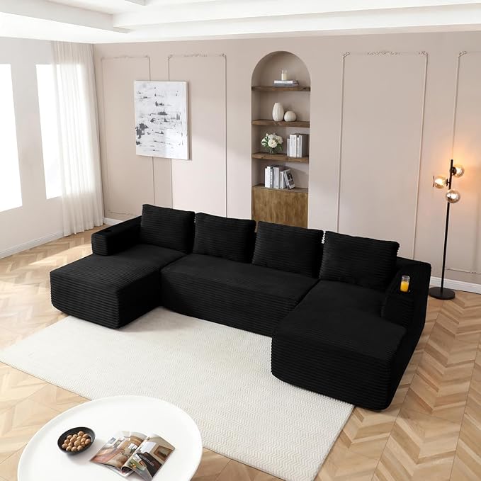 132 Inch Modular Sectional Sleeper Sofa, Boneless Cloud Couch for Living Room, U Shaped 5 Seat Sofa with 2 Cup Holders, Free Combination, No Assembly Required (Black)