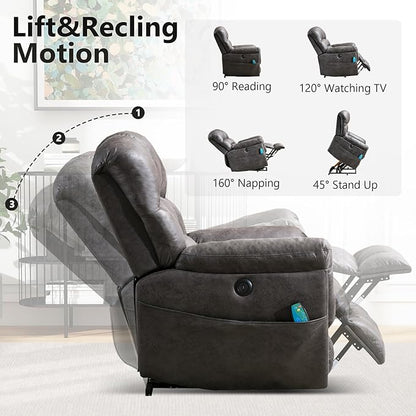 Large Power Lift Recliner Set of 2 with Massage and Heat for Elderly, Faux Leather Electric Lifting Recliners with USB Port, Oversized Reclining Sofa Chair for Living Room, Grey