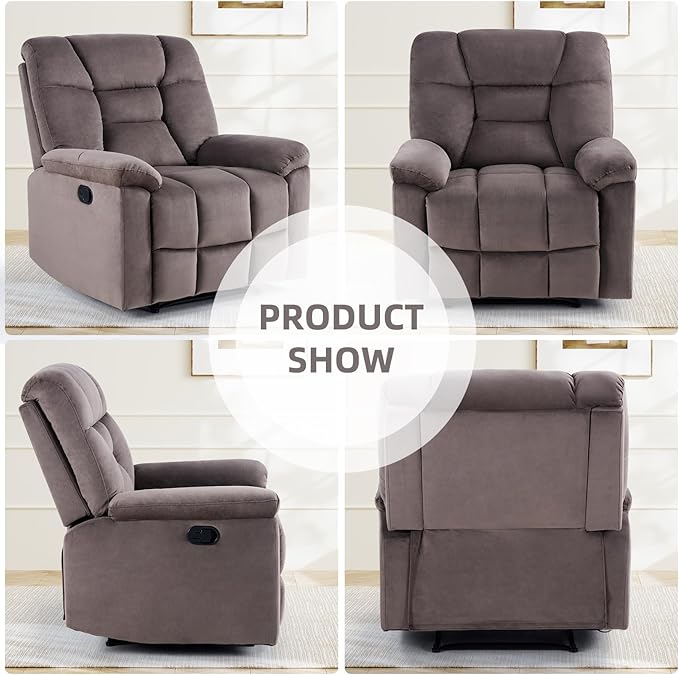 EBELLO Manual Recliner Chair for Adults with Soft Padded Headrest and Backrest, Overstuffed Single Recliner Sofa Chair for Living Room, Dark Brown